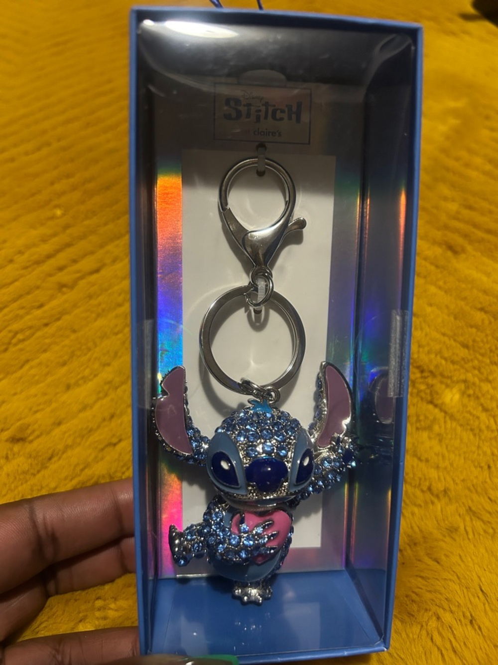 Disney Crystal Blue Stitch Keychain with Pink Accents